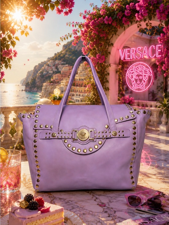 Versace Handbags - Versace Medusa Stud Leather Tote – Lavender/Lilac